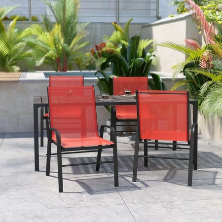 FLASH FURNITURE Red Outdoor Stack Chair w Flex Material, 4PK 4-JJ-303C-RD-GG